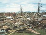 F4 damage to a home in Moore, Oklahoma, caused by a tornado that occurred on May 3, 1999. Only the debris of the structure remain. (This portion of damage was rated F4; the final rating of the tornado was an F5.)